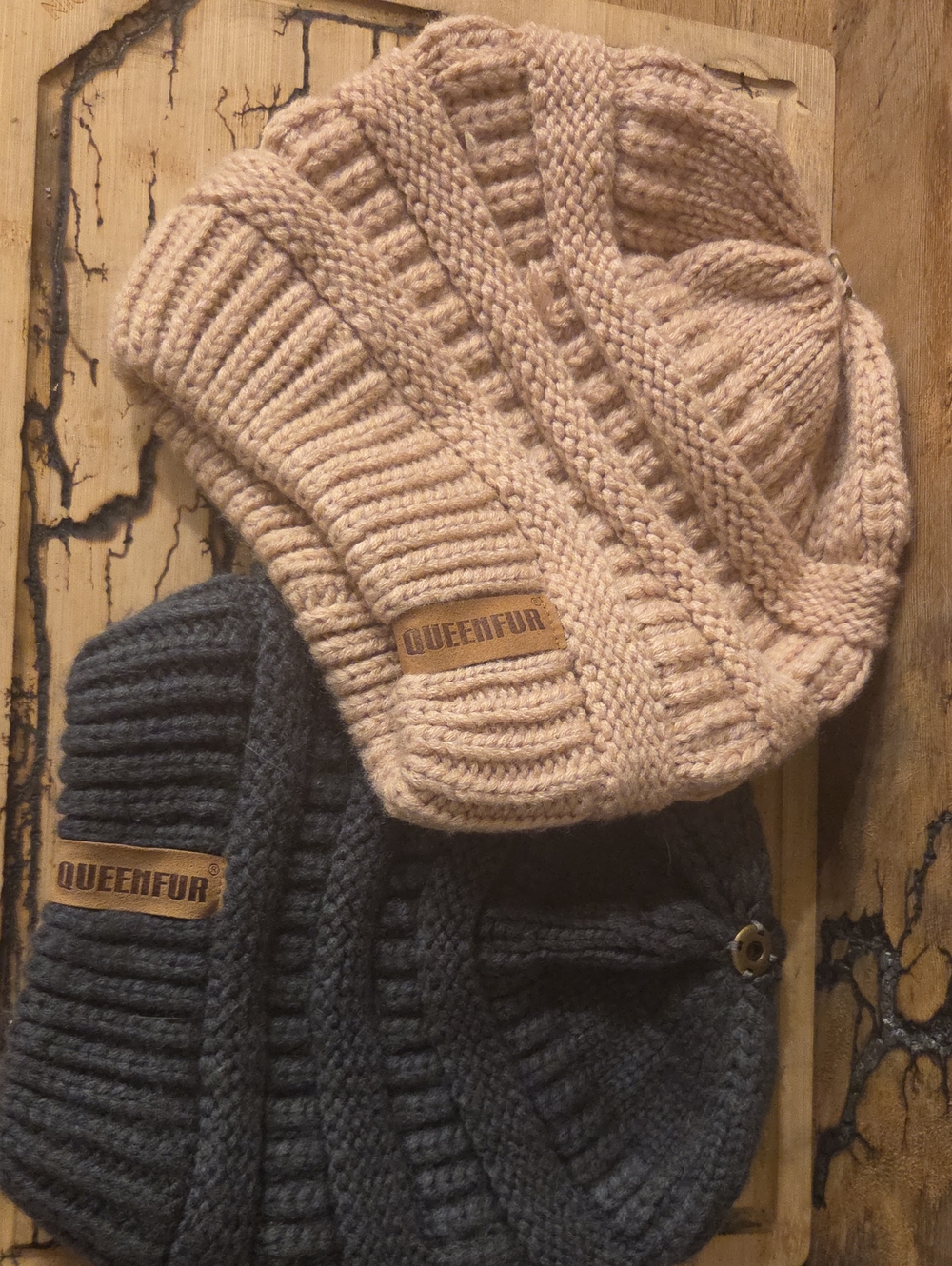 QUEENFUR Knit Beanie Duo - Blush Tan & Charcoal